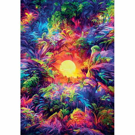 Color Boom Psychadelic Sunrise jigsaw puzzle image by Clementoni - 500 piece jigsaw puzzle for adults. Bright sunrise surrounded by vibrant colored hues depicting a forest.
