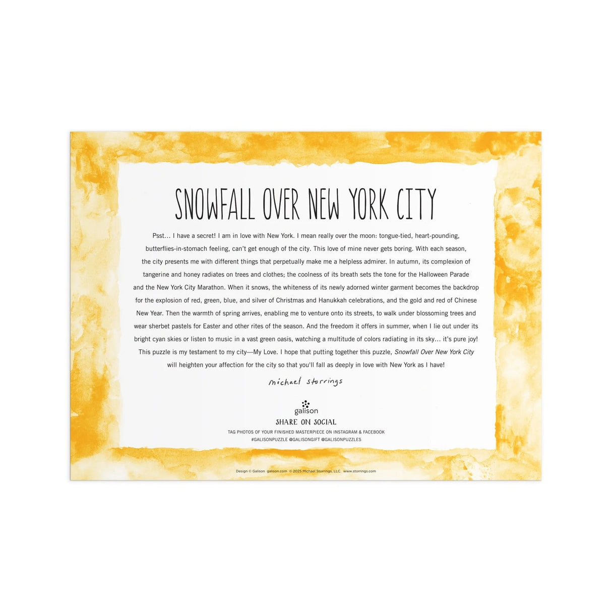 Michael Storrings Snowfall Over New York City 1000 Piece Jigsaw Puzzle | Galison - Jigsaw Puzzles - The Puzzle Center