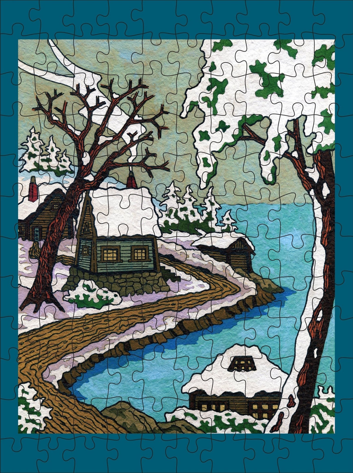 Snowy Cabins 120 Piece Double Sided Jigsaw Puzzle | Pomegranate - Jigsaw Puzzles - The Puzzle Center