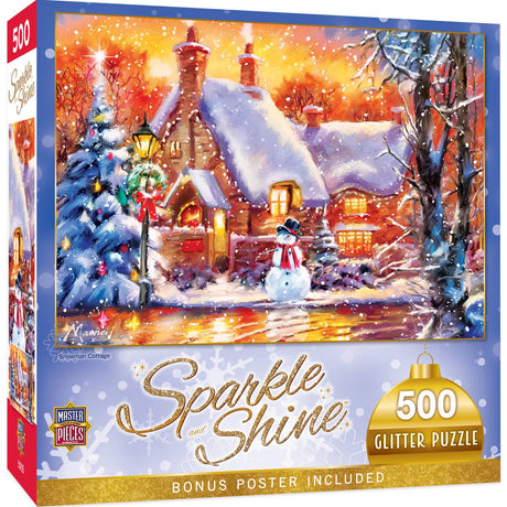 Sparkle & Shine - Snowman Cottage 500 Piece Glitter Jigsaw Puzzle | Masterpieces Puzzles - Jigsaw Puzzles - The Puzzle Center