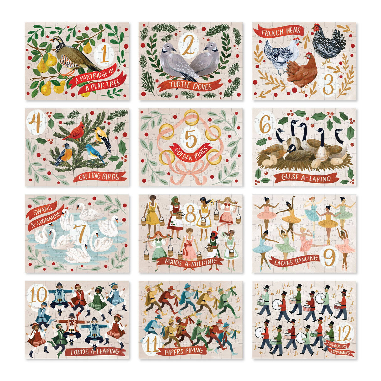 12 Days of Christmas Mini Jigsaw Puzzle Set, 50 Pieces Each | 1Canoe2