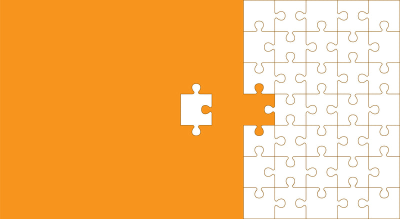 Jigsaw puzzle with one piece missing on an orange and white background