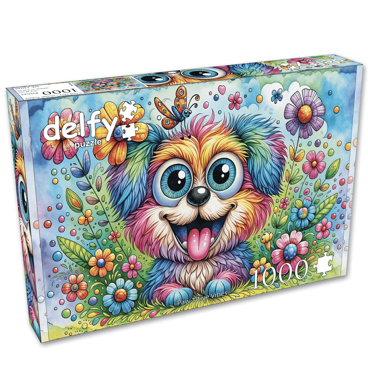 Vibrant colored dog puzzle featuring a rainbow puppy and floral scene by Delfy Puzzles
