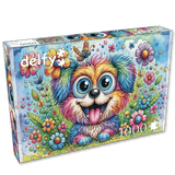 Vibrant colored dog puzzle featuring a rainbow puppy and floral scene by Delfy Puzzles