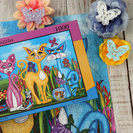 Rosy, Sunny & Sky 1000 Piece Jigsaw Puzzle by JaCaRou Puzzles - Colorful Cat Puzzle - JaCaRou Puzzles Inc. - Jigsaw Puzzles - The Puzzle Center - 