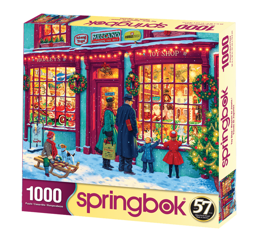 Toy Shop 1000 piece puzzle by Springbok featuring a festive Christmas toy shop with children window shopping and lots of detail