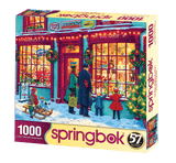 Toy Shop 1000 piece puzzle by Springbok featuring a festive Christmas toy shop with children window shopping and lots of detail