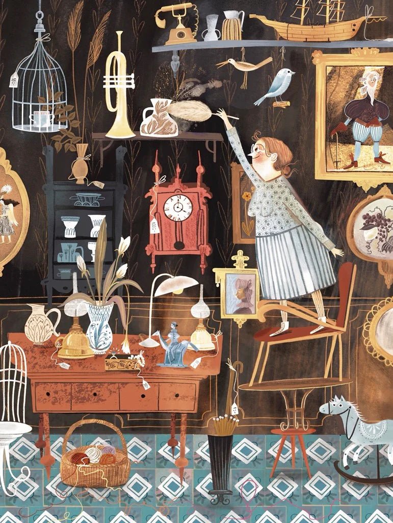 Finished Vintage Shop puzzle Image displaying a charming scene of an antique shop filled with collectibles by NY Puzzle Co