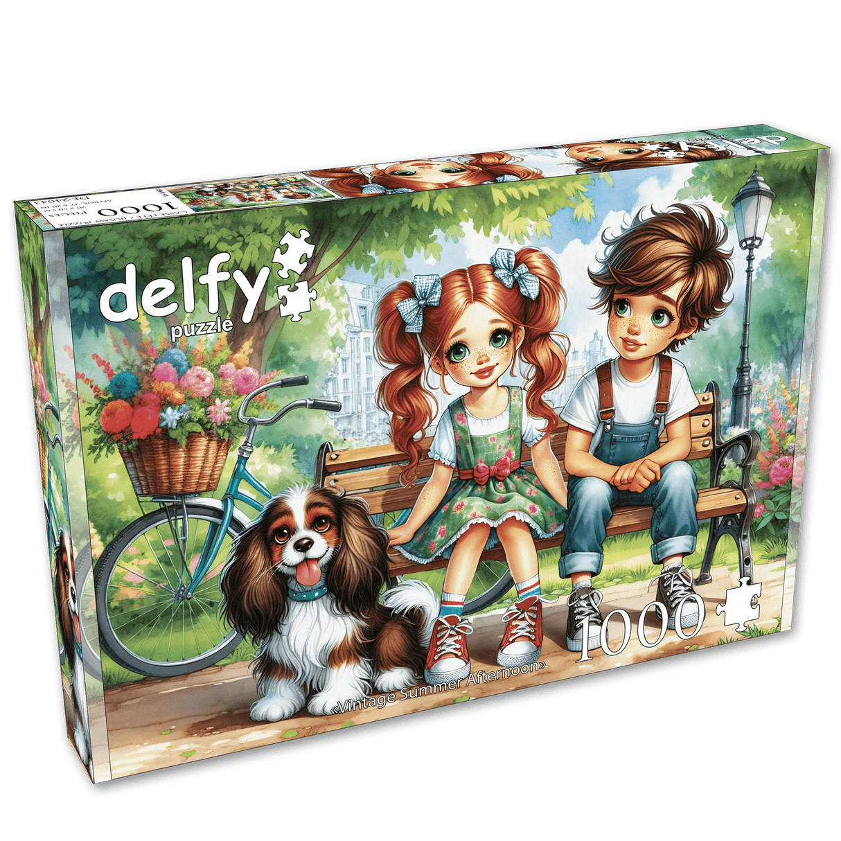 jigsaw picture puzzle of kids, a dog, and a flower-filled bicycle in a 1000 piece jigsaw puzzle by delfy puzzles