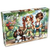 jigsaw picture puzzle of kids, a dog, and a flower-filled bicycle in a 1000 piece jigsaw puzzle by delfy puzzles